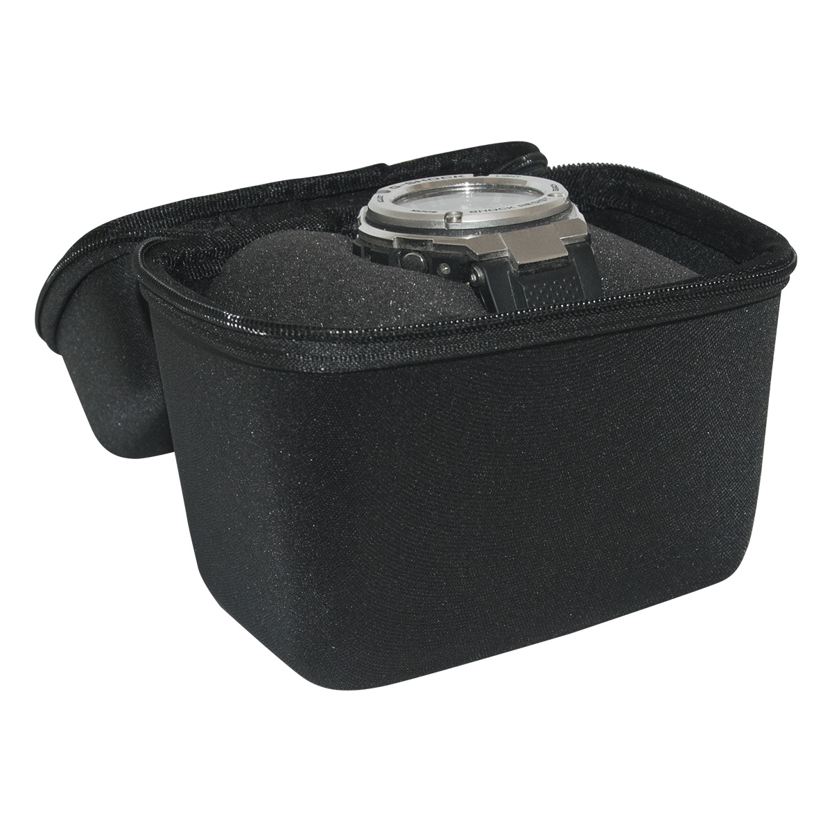 Watch Box étui de montre avec fenêtre, coque dure, revêtement textile, mat-brillant, noir, imprimable
avec votre logo
