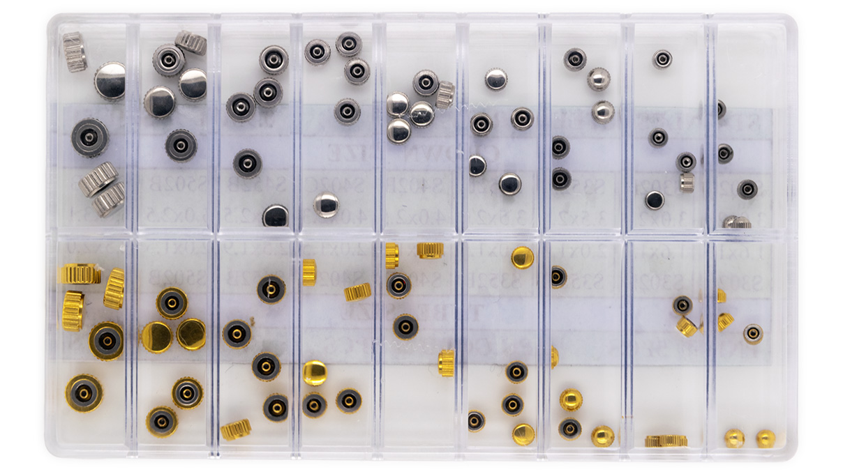 Assortment 90 couronnes étanches pierre prec. PNP & jaune GP filetage 0,9 mm