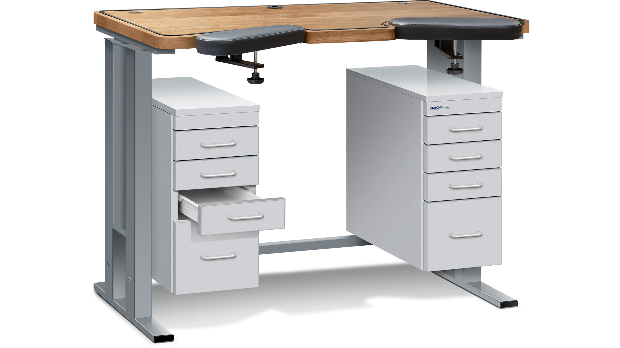 Établis Ergolift Evolution, plan de travail de chêne, 120 x 60 x 4 cm, tiroirs gris soie Établis Ergolift Evolution, plan de travail de chêne, 120 x 60 x 4 cm, tiroirs gris soie