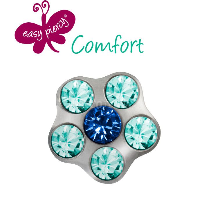 Easy Piercy Comfort 1 paire de boutons d'oreilles Flower Ø 5,0 mm, blanc, imitation saphir/aiguemarine