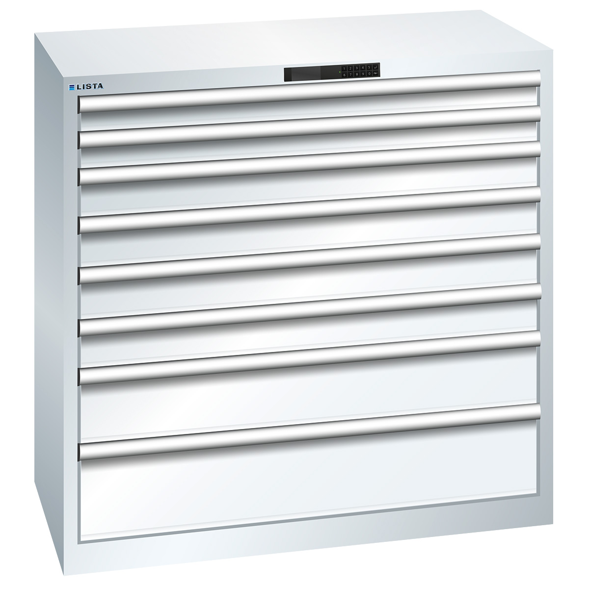 Lista armoire à tiroirs 54 x 27 E, 8 tiroirs, blanc pur, Code Lock, hauteur 1000 mm