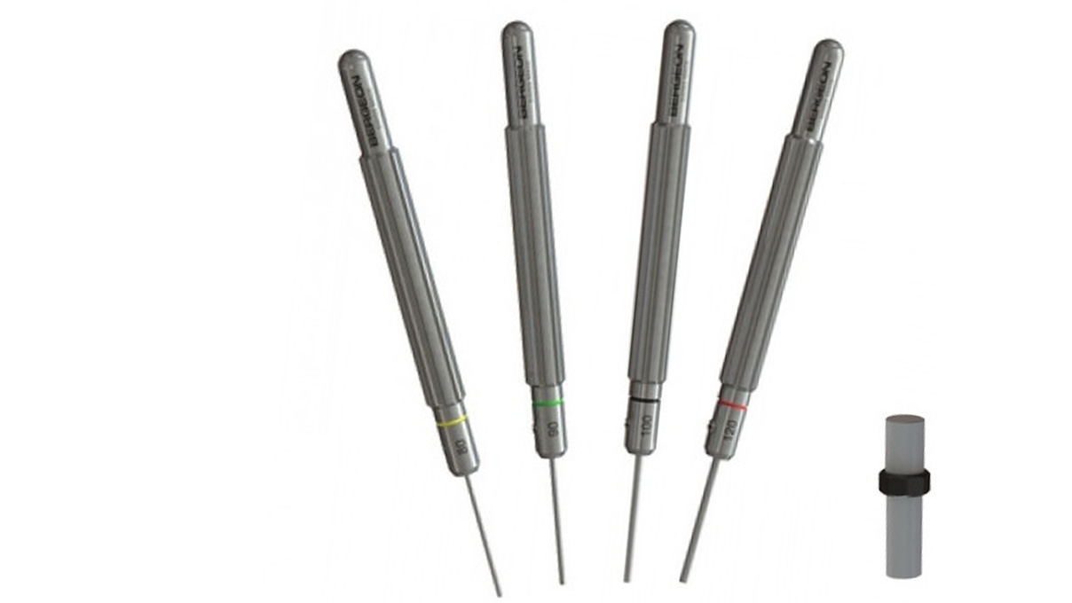 Bergeon 16988-P04 Assortiment de 4 chasse-goupilles avec poignée en acier inoxydable avec profil
spécial, Ø : 0,80, 0,90, 1,00 et 1,20 mm, 1 tube avec goupilles de rechange