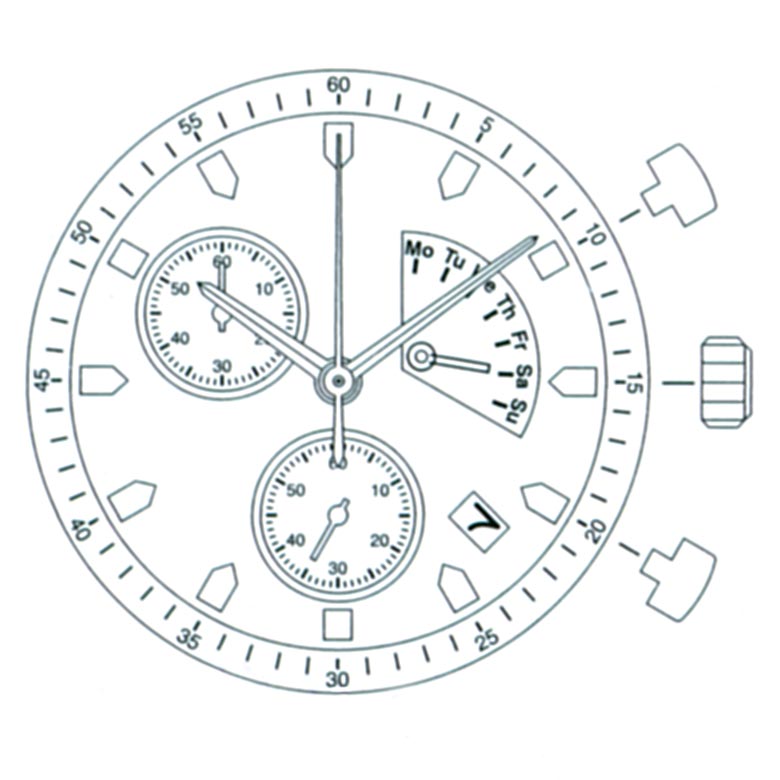 Mvt. Miyota FS60 10 1/2''' DATE4.5/DAY9 CHR RETRODAY SS MIN Quartz - Slanted Push