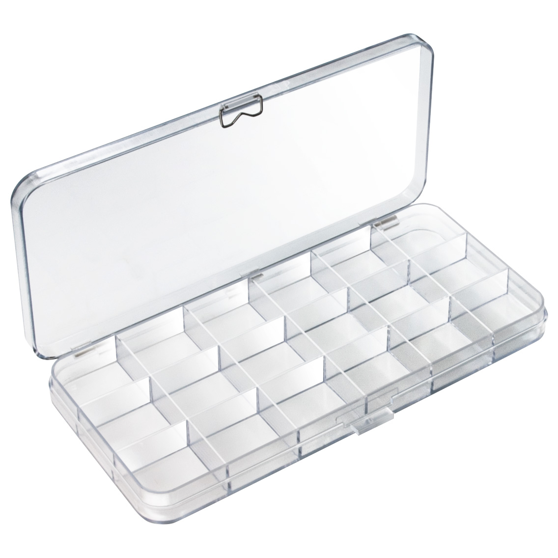 Boîte de rangement à 18 compartiments, chacun 33 x 30 x 16 mm, avec couvercle à charnières