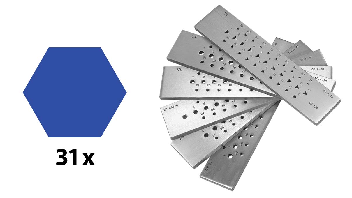 Filières à étirer, Acier, Hexagonal, 31 trous, 6 - 3 mm